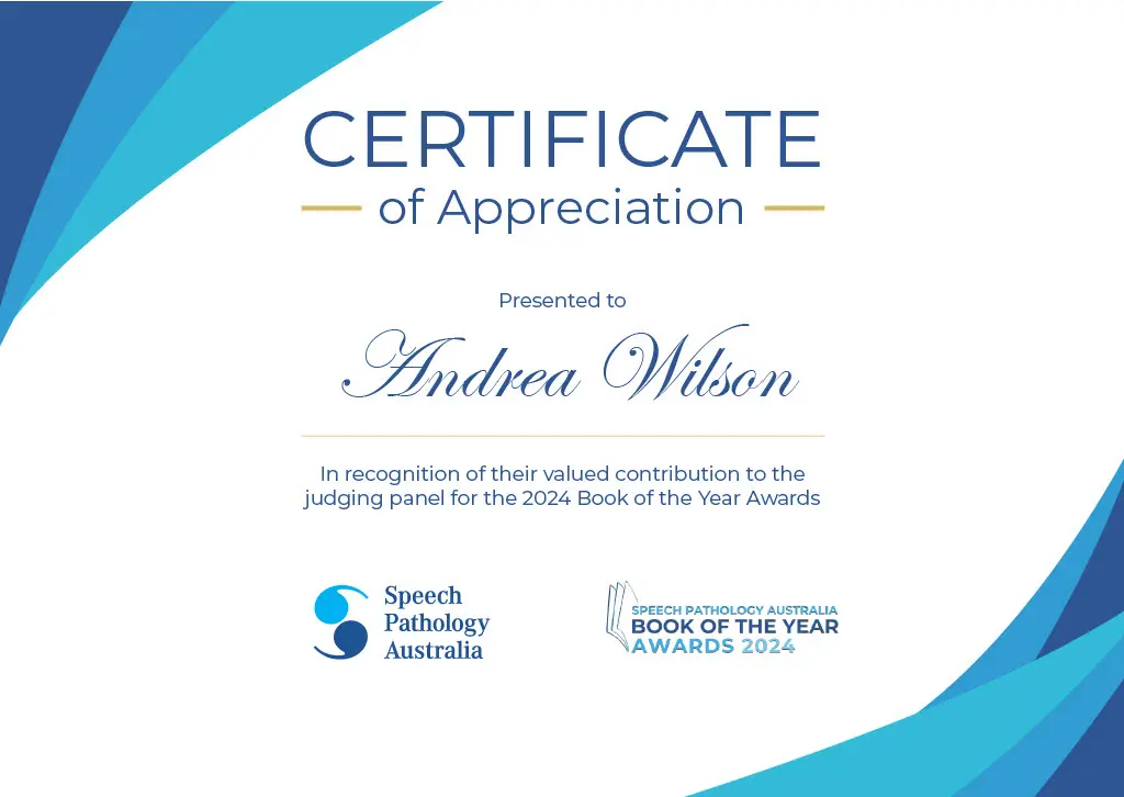 Certificate of Appreciation for BOTY judging Panel with Speech Pathology Australiai